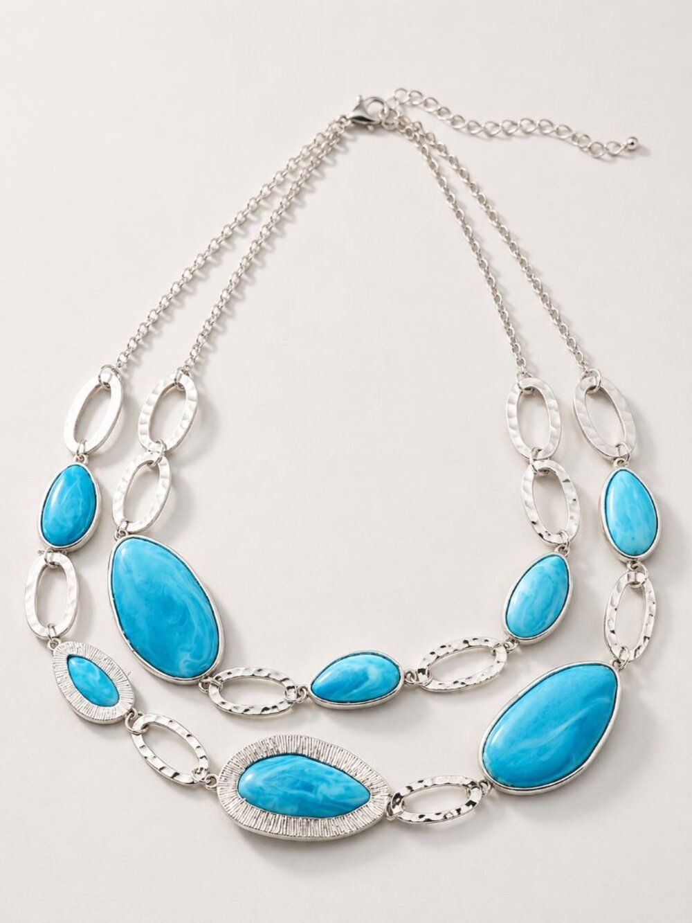 Vintage Turquoise Blue Double Strand Silver Hammered Oval Statement Necklace